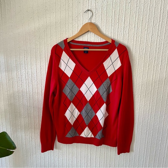 Izod Argyle Diamond Sweater Size XL Shirt Red White Grey - Picture 1 of 4